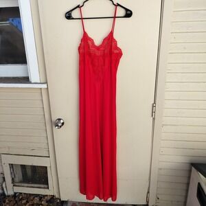 Vintage OLGA Frivolous Fancies Red Lace Trim Maxi Slip Size M